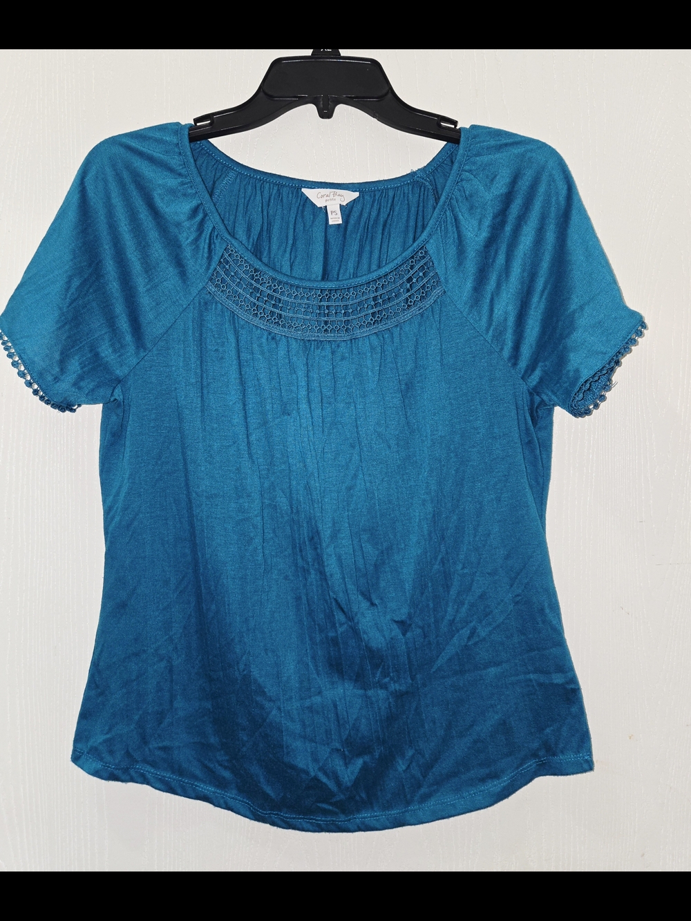 Coral Bay Teal Crochet-Yoke Short Sleeve Blouse